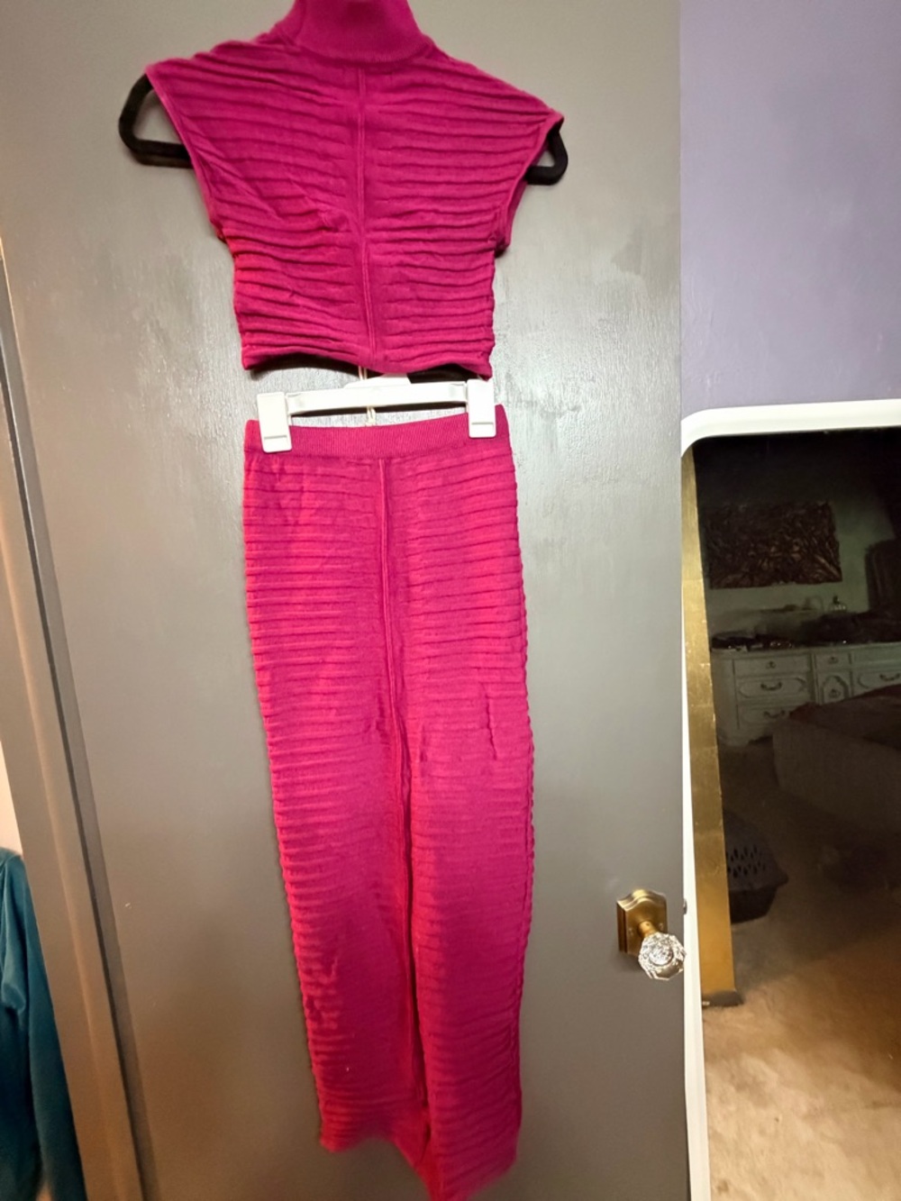 Wine Ribbed Knit Two-Piece Maxi Skirt Set